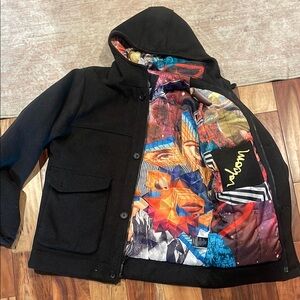 Black Hooded volcom Jacket with Colorful Graphic Lining